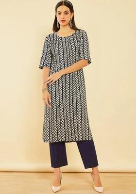 Blue Printed Crepe Kurta Set