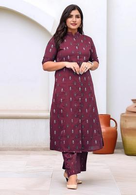 Wine Printed Rayon Kurta Set
