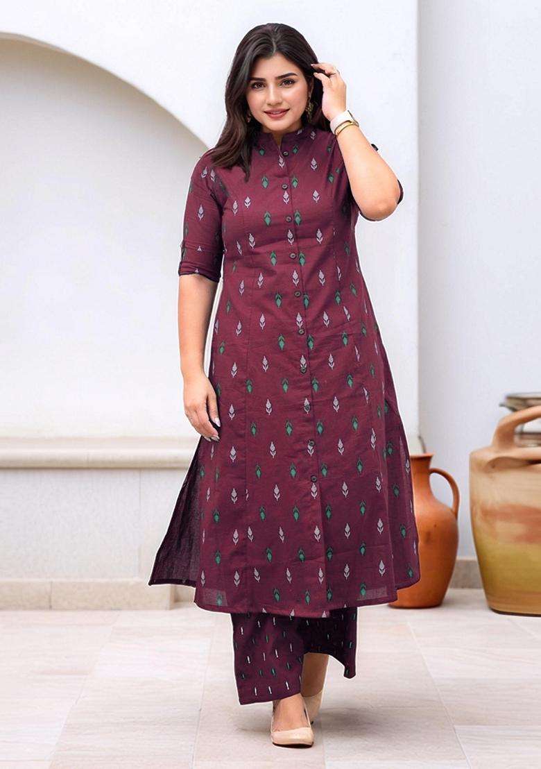 Wine Printed Rayon Kurta Set - Indya
