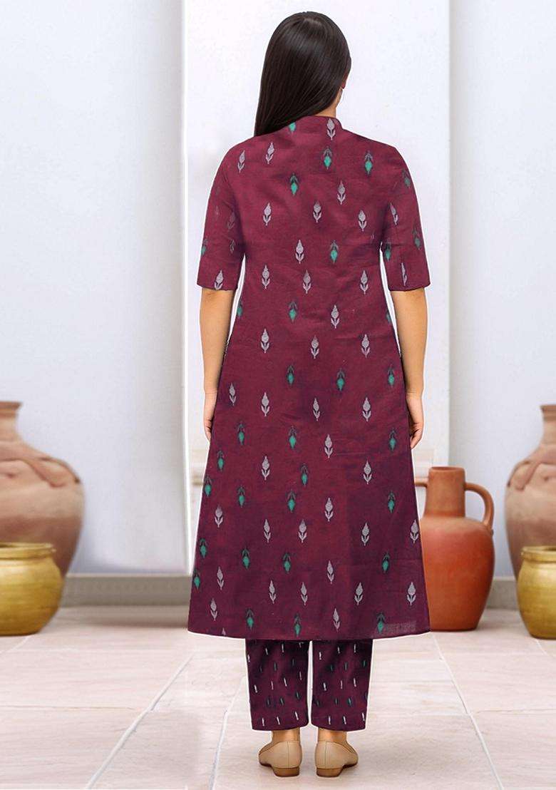 Wine Printed Rayon Kurta Set - Indya