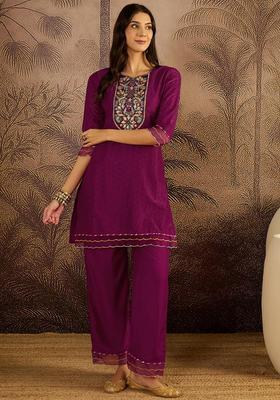 Wine Embroidery Cotton Kurta Set