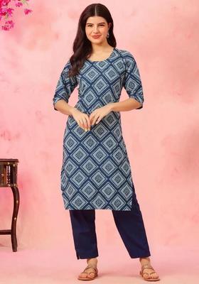 Blue Printed Crepe Kurta Set