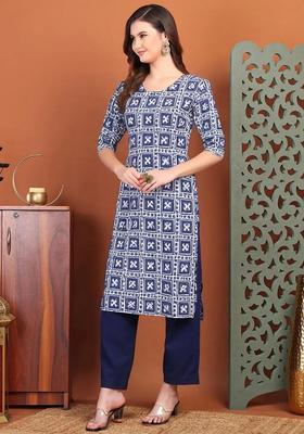 Blue Printed Crepe Kurta Set