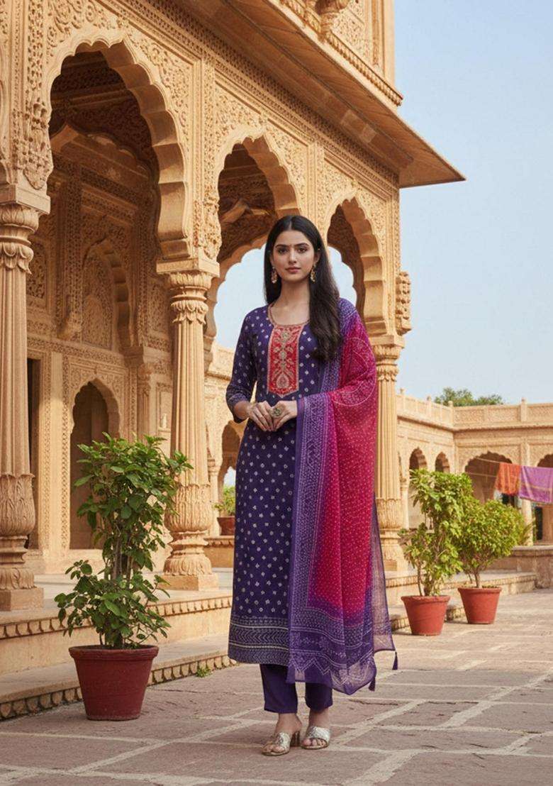 Purple Printed Rayon Kurta Set - Indya