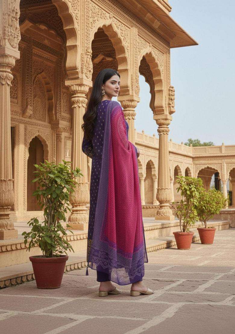 Purple Printed Rayon Kurta Set - Indya