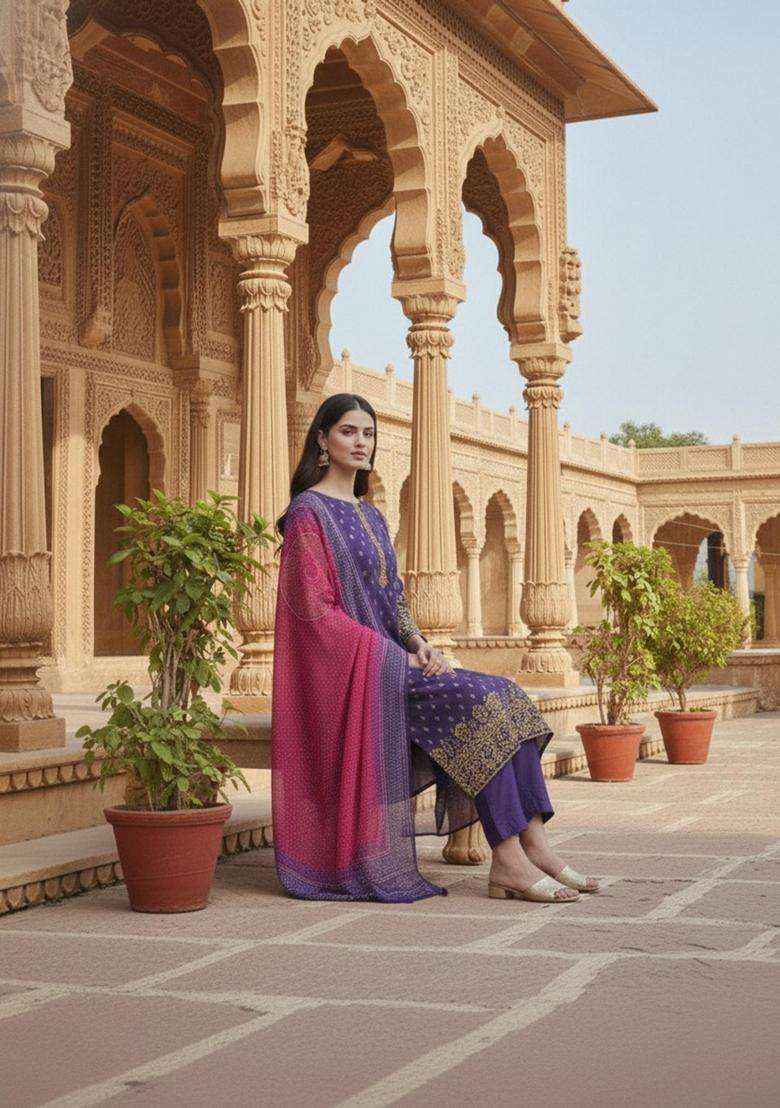 Purple Printed Rayon Kurta Set - Indya
