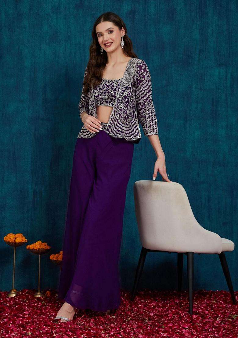 Purple Embroidery Georgette Fusion Set - Indya
