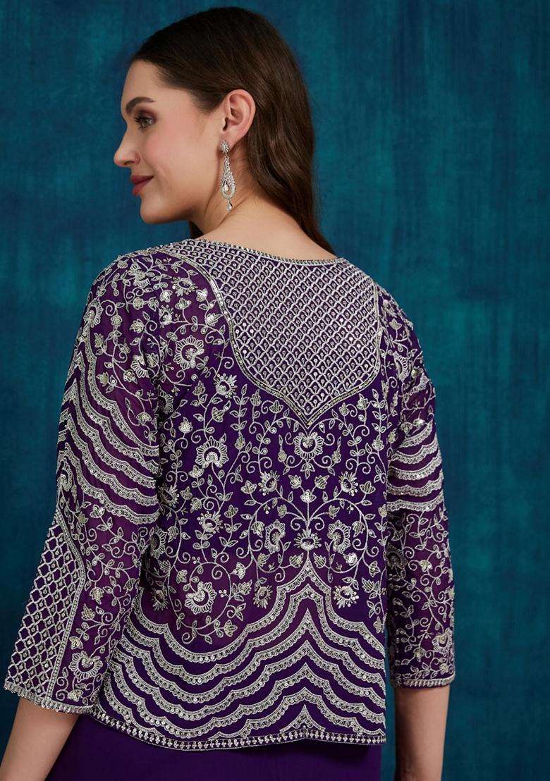 Purple Embroidery Georgette Fusion Set - Indya