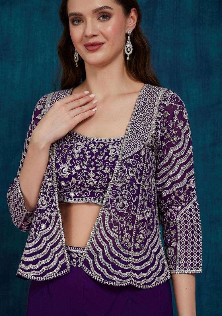 Purple Embroidery Georgette Fusion Set - Indya