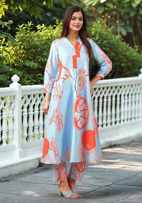 Blue Floral Rayon Anarkali Set — view on Indya