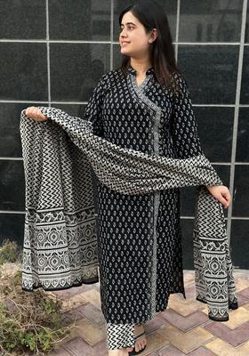 Black Printed Rayon Kurta Set