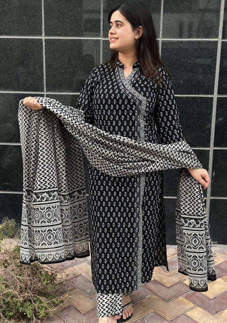 Black Printed Rayon Kurta Set - Indya