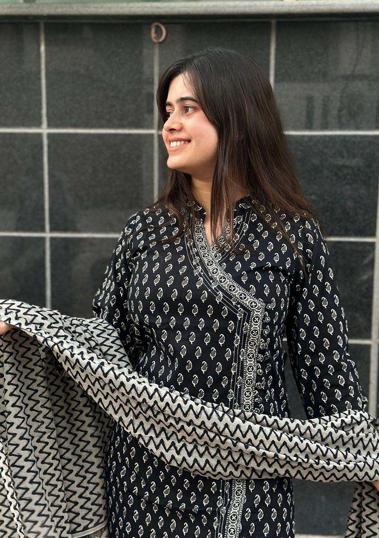 Black Printed Rayon Kurta Set - Indya