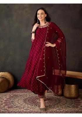 Maroon Embroidery Silk Anarkali Set
