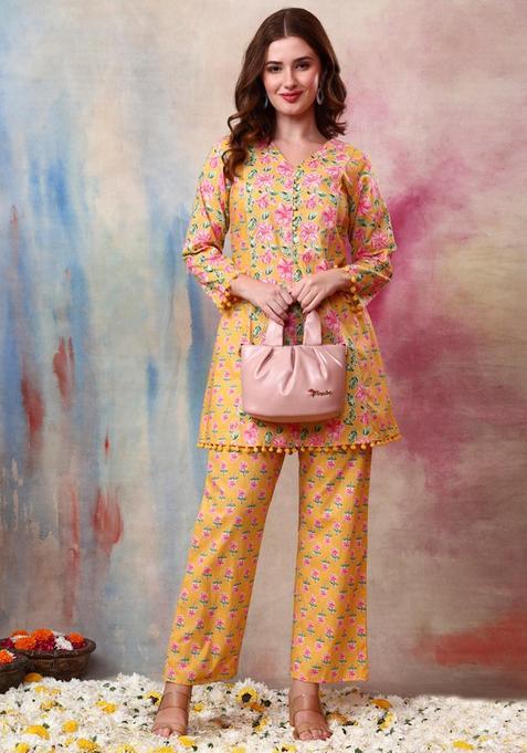 Yellow Floral Cotton Kurta Set — view on Indya