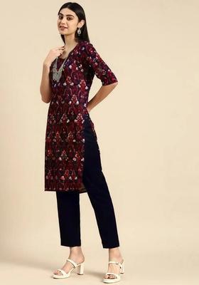Blue Printed Crepe Kurta Set