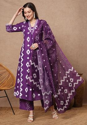 Purple Printed Rayon Anarkali Set