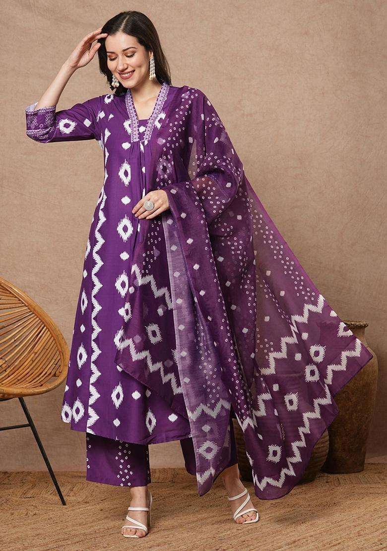 Purple Printed Rayon Anarkali Set - Indya