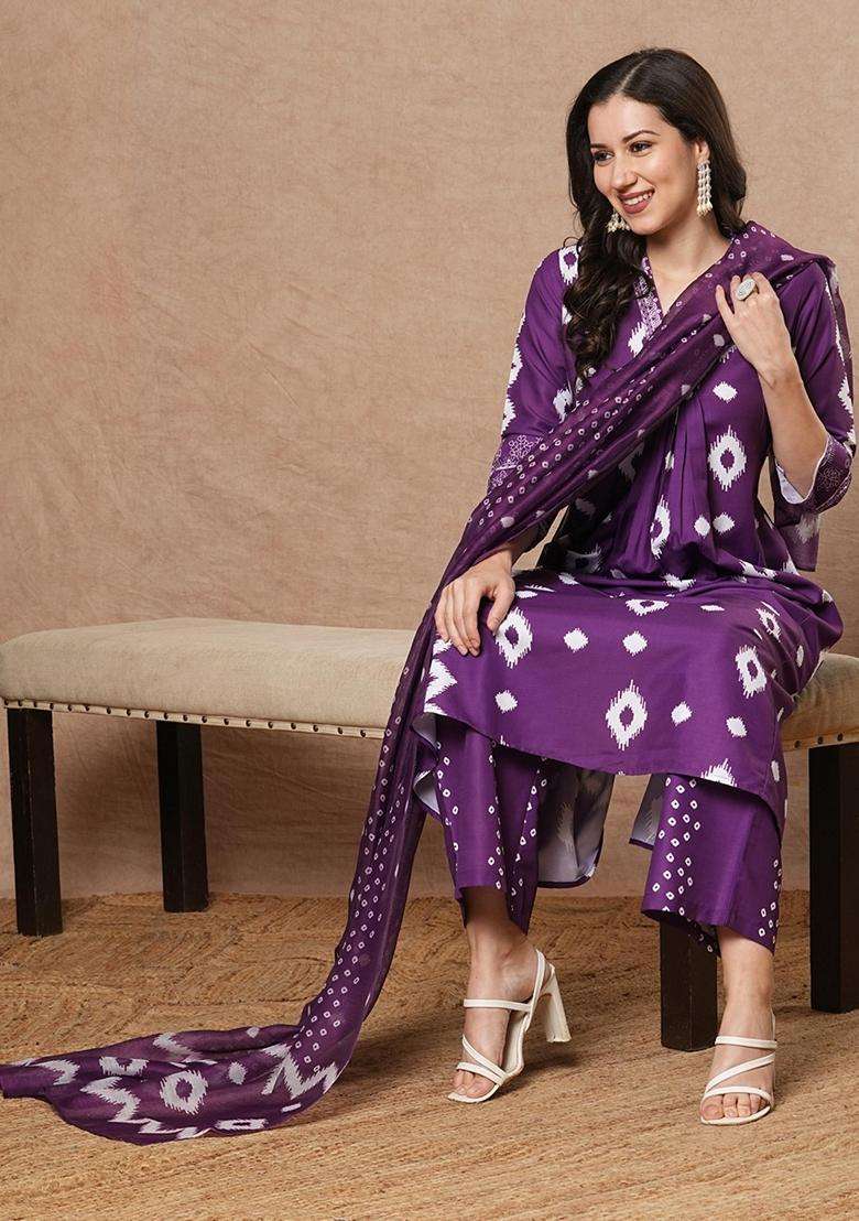 Purple Printed Rayon Anarkali Set - Indya