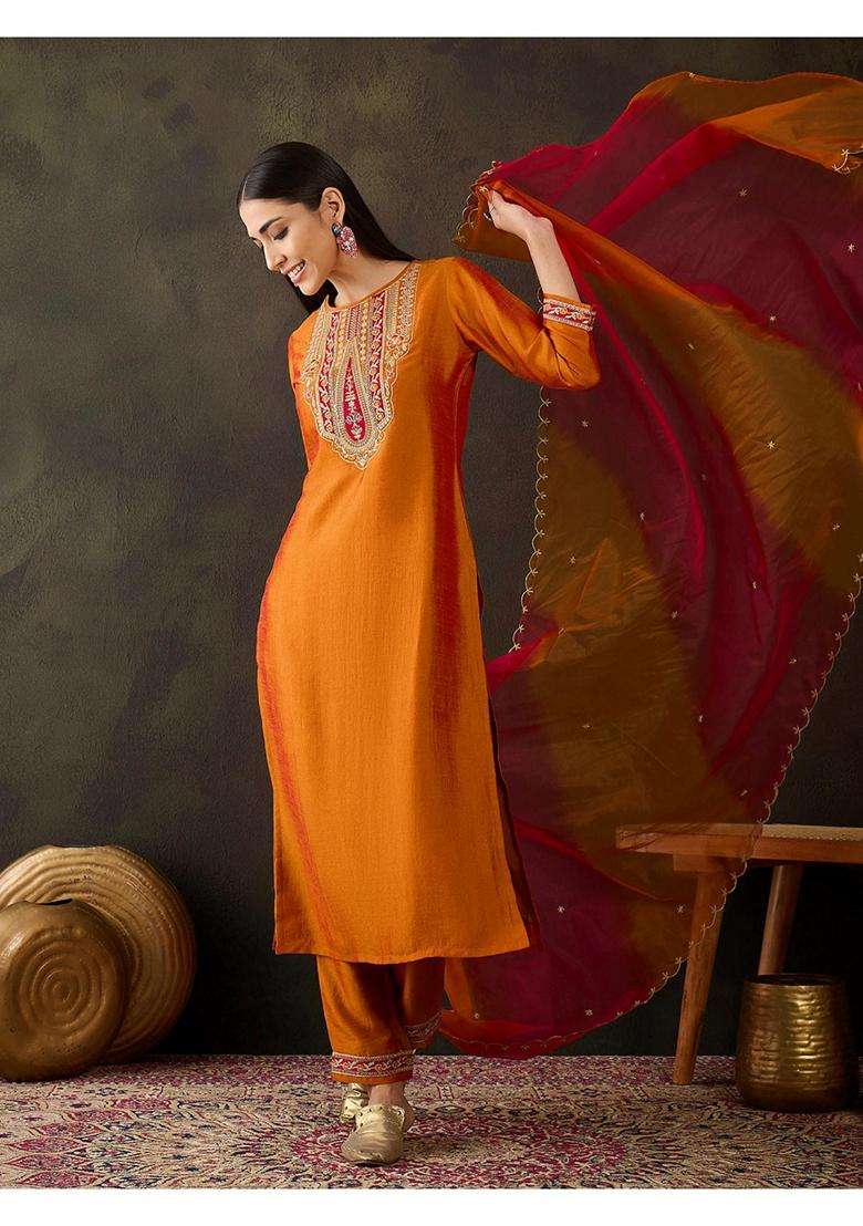 Orange Embroidery Silk Blend Kurta Set - Indya