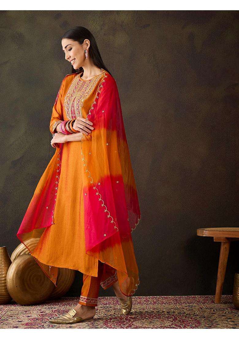 Orange Embroidery Silk Blend Kurta Set - Indya