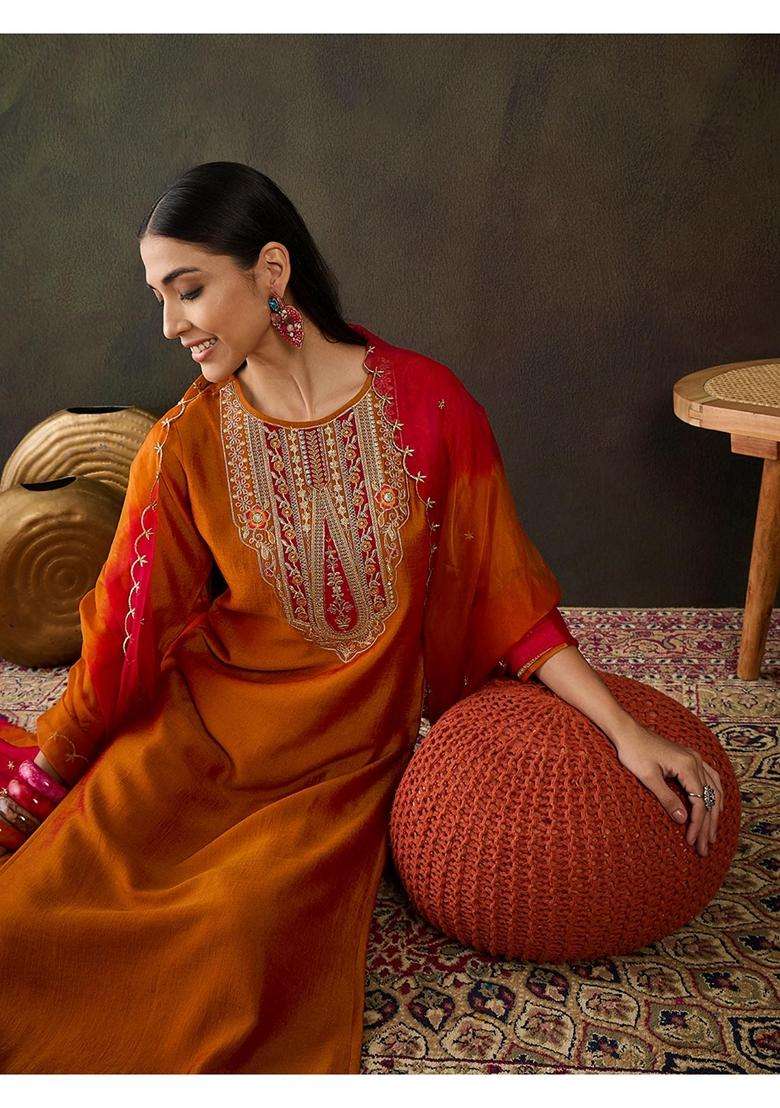 Orange Embroidery Silk Blend Kurta Set - Indya