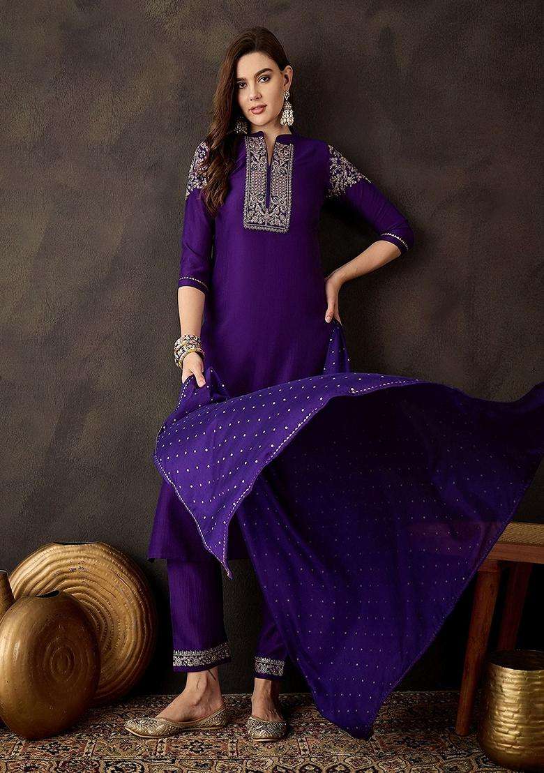 Purple Embroidery Silk Blend Kurta Set - Indya