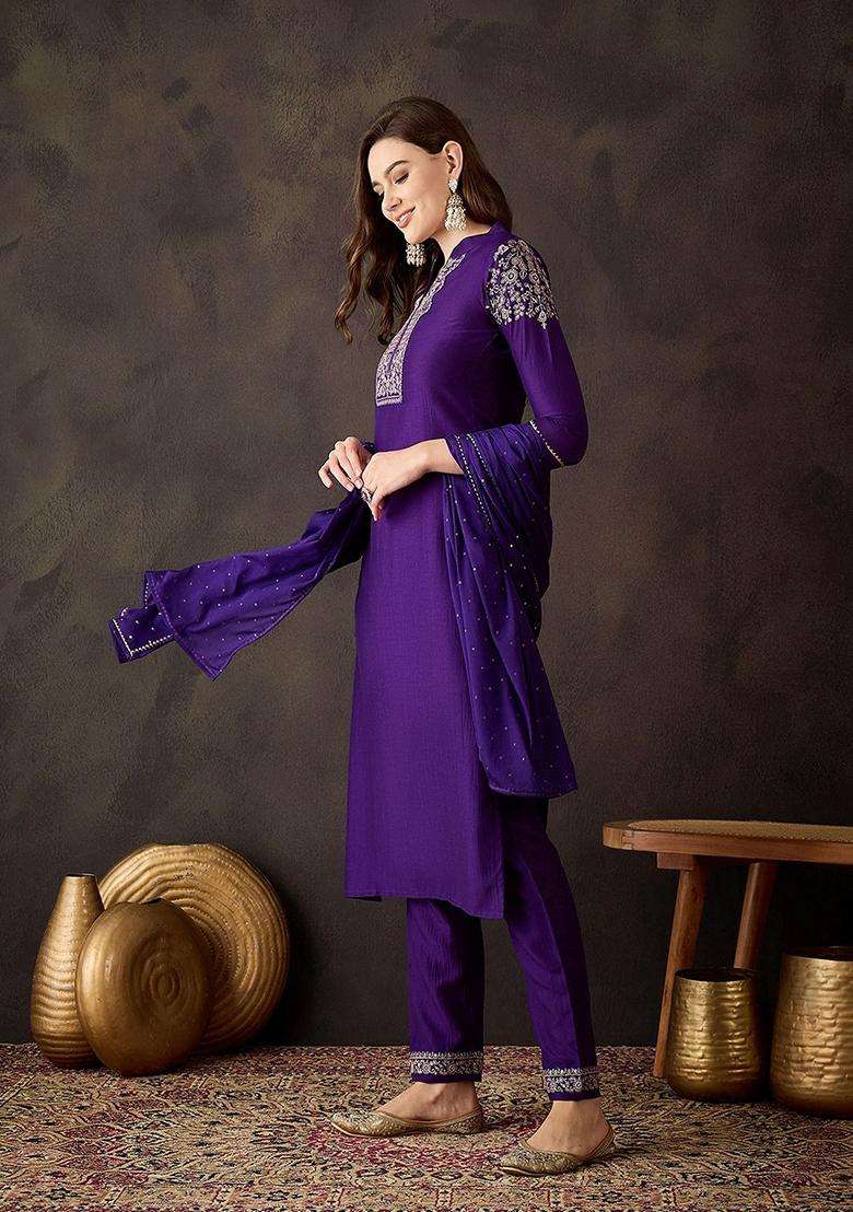 Purple Embroidery Silk Blend Kurta Set - Indya