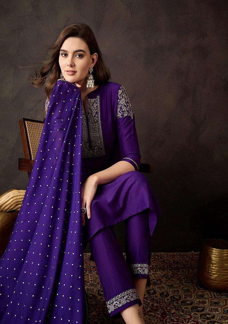 Purple Embroidery Silk Blend Kurta Set - Indya