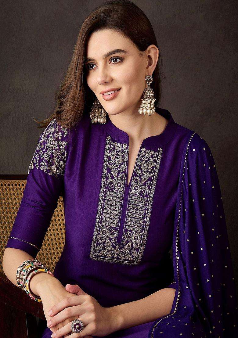 Purple Embroidery Silk Blend Kurta Set - Indya
