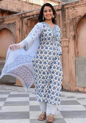 Blue Printed Cotton Kurta Set
