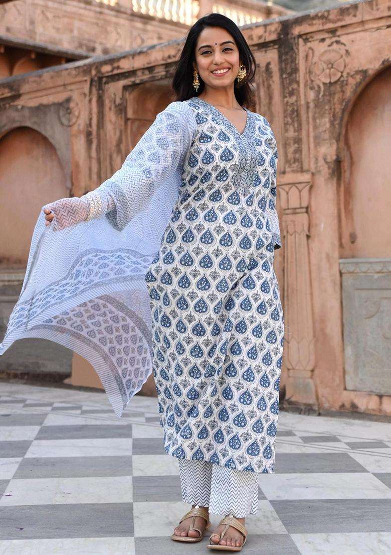 Blue Printed Cotton Kurta Set - Indya