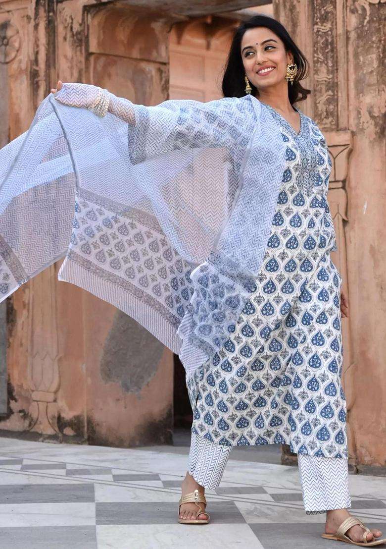 Blue Printed Cotton Kurta Set - Indya