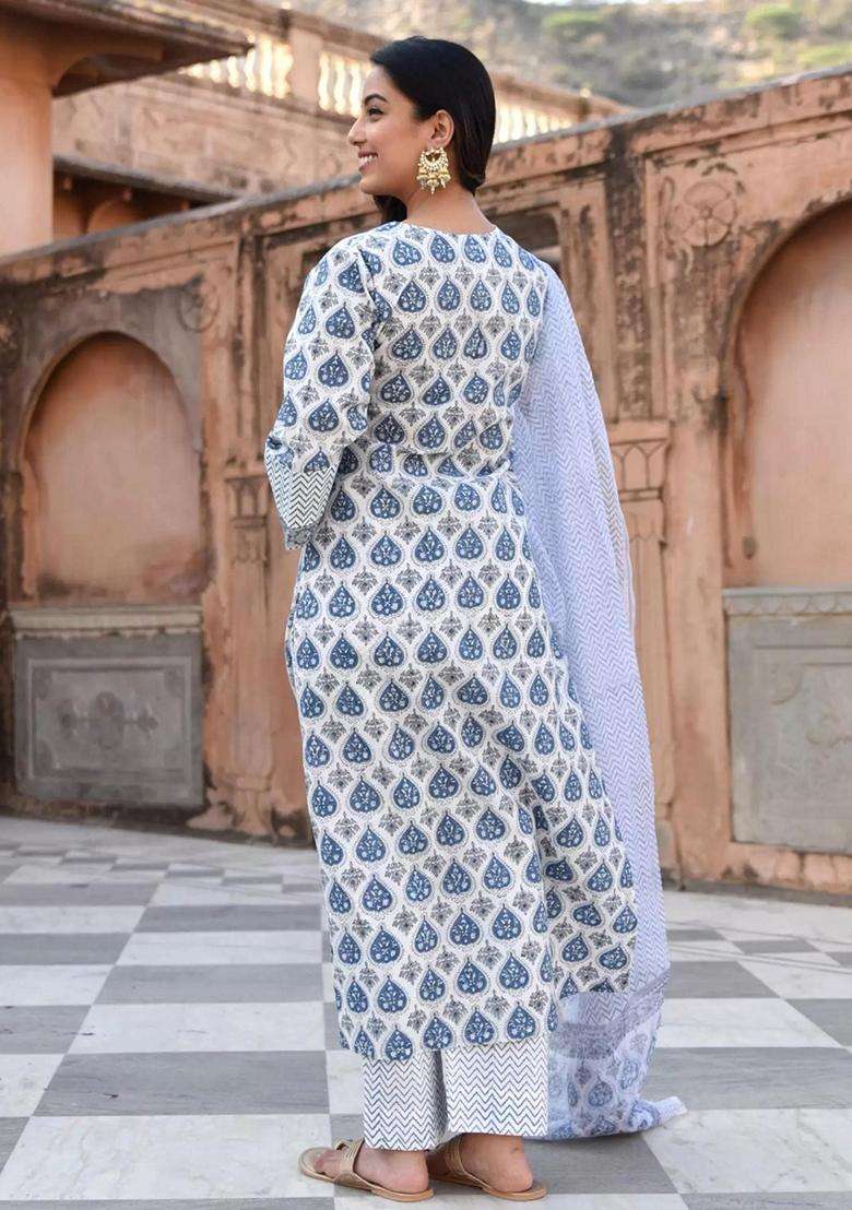 Blue Printed Cotton Kurta Set - Indya