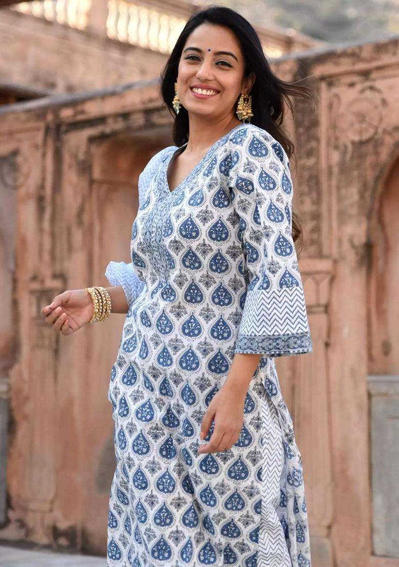 Blue Printed Cotton Kurta Set - Indya