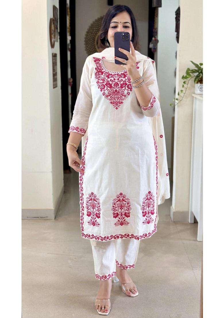 White Embroidery Cotton Kurta Set - Indya