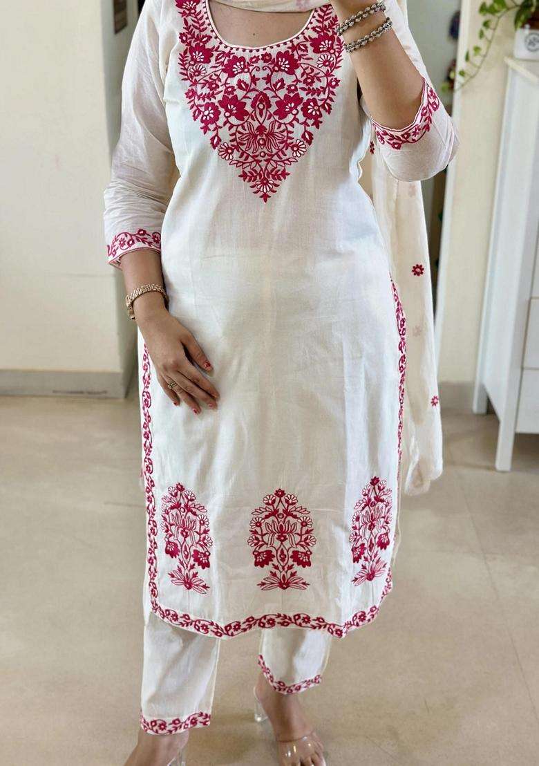 White Embroidery Cotton Kurta Set - Indya