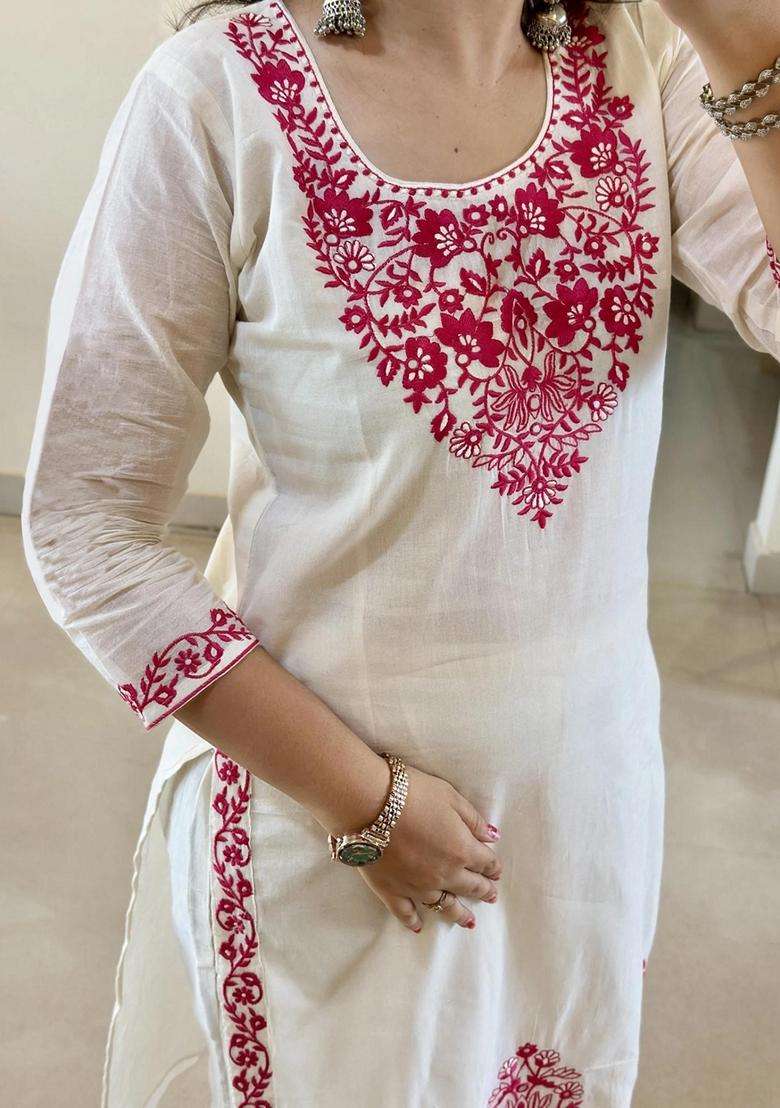 White Embroidery Cotton Kurta Set - Indya