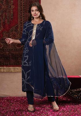 Blue Printed Rayon Kurta Set