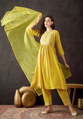 Yellow Embroidery Cotton Kurta Set