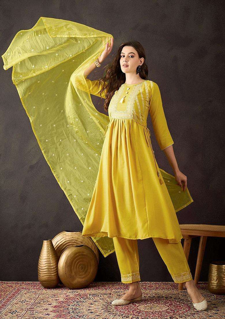 Yellow Embroidery Cotton Kurta Set - Indya