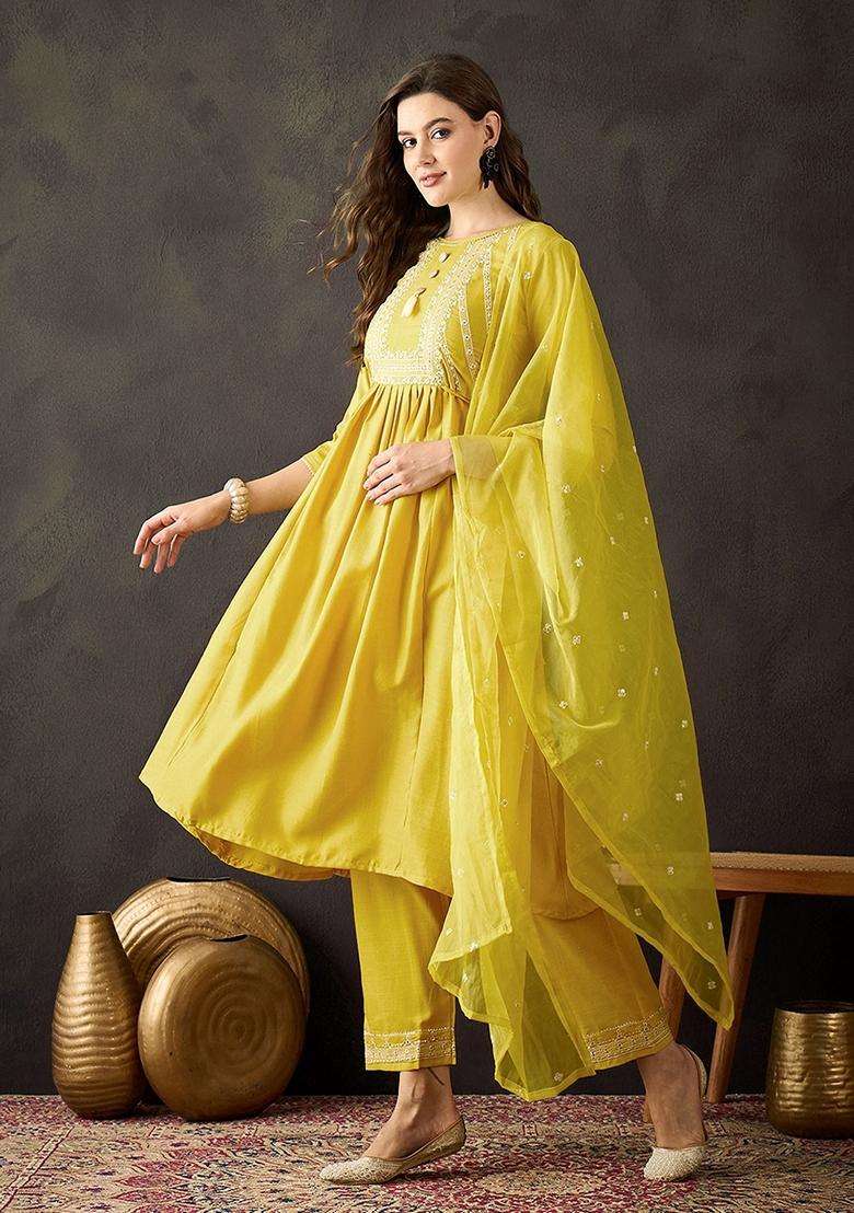 Yellow Embroidery Cotton Kurta Set - Indya