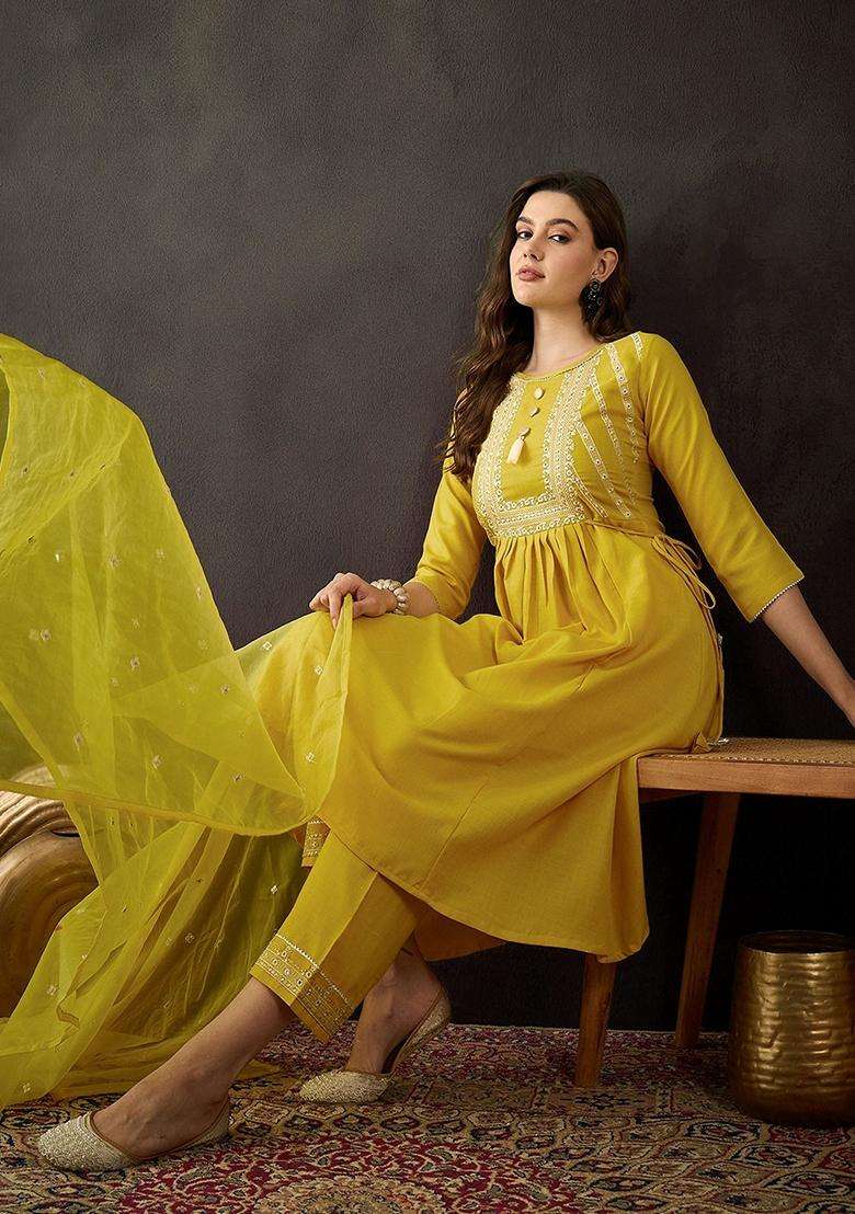Yellow Embroidery Cotton Kurta Set - Indya