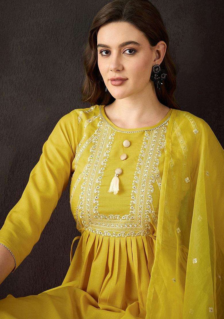 Yellow Embroidery Cotton Kurta Set - Indya