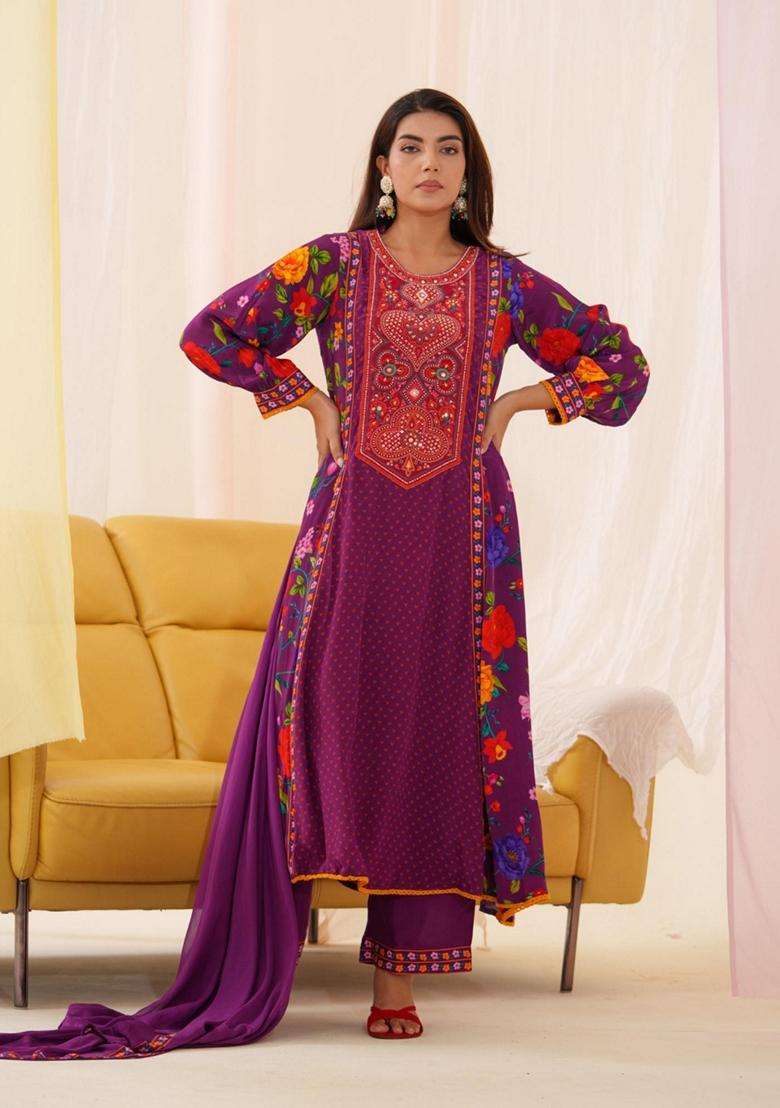 Black Printed Crepe Anarkali Set - Indya