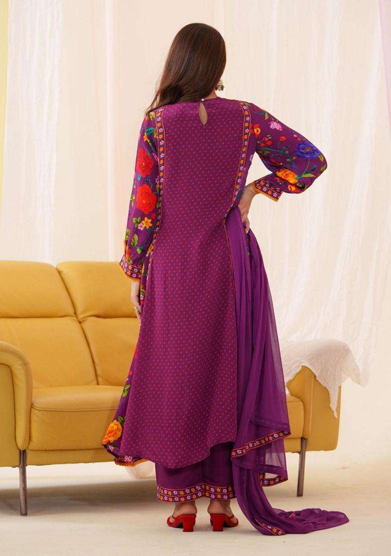 Black Printed Crepe Anarkali Set - Indya
