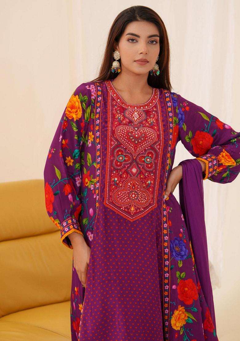 Black Printed Crepe Anarkali Set - Indya