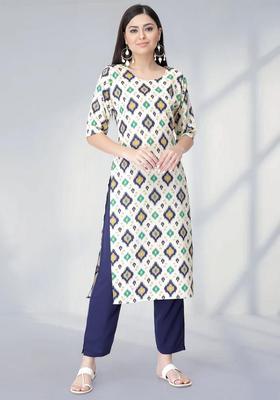 White Printed Crepe Kurta Set