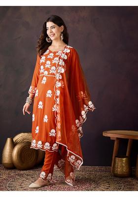 Orange Embroidery Silk Kurta Set