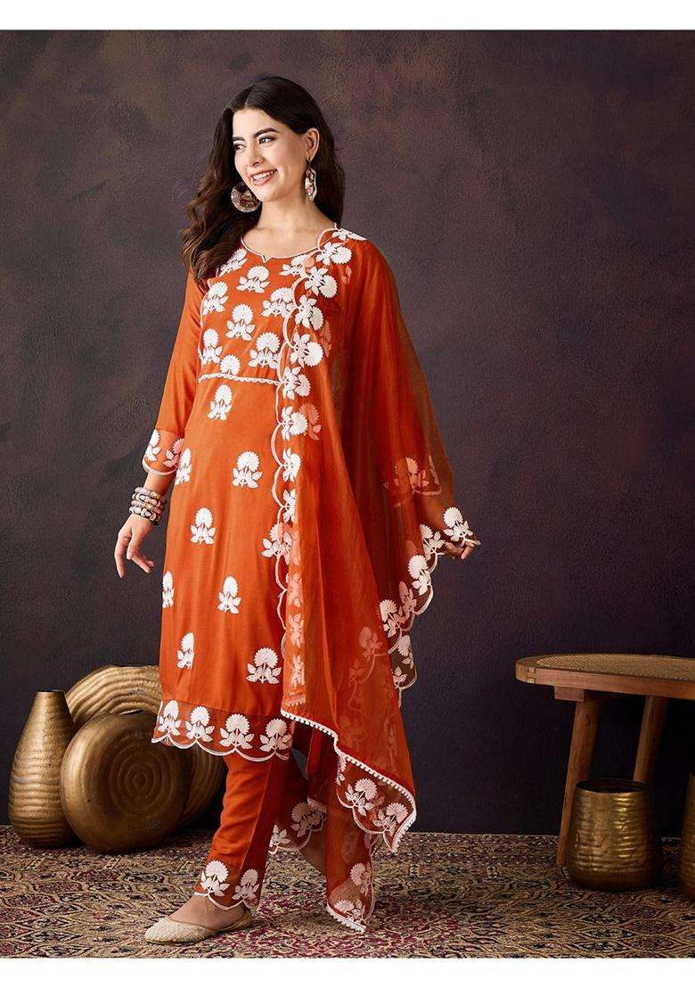 Orange Embroidery Silk Blend Kurta Set - Indya